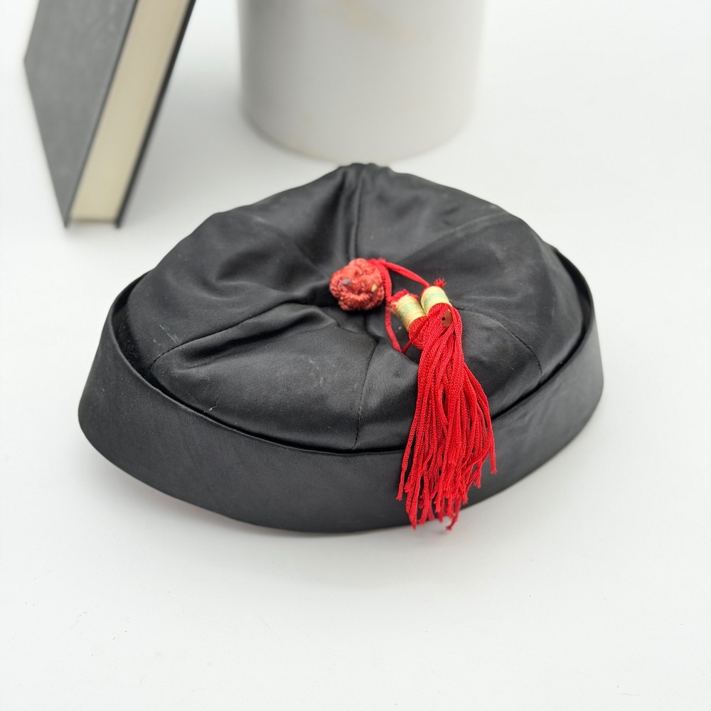 Vintage Chinese Black Satin Skull Cap Officers Hat Red Tassel Traditional